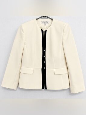 Tahari Arthur S Levine Petite Cream Black Trim Collarless Blazer Jacket 6P